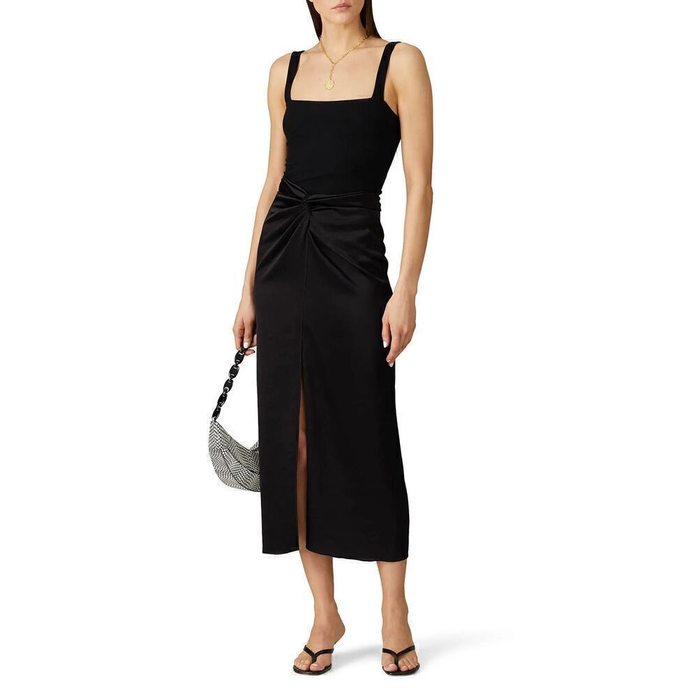 Nanushka Samara Skirt Satin High Rise Gathered Knot Front Slit Midi Black XL
